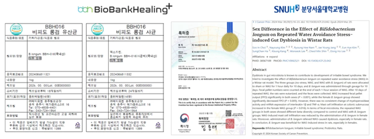 BBH016 비피도 롱검 유산균/사균 HACCP 인증서, 특허증, 분당서울대병원 공동연구 논문(Journal of Cancer Prevention)